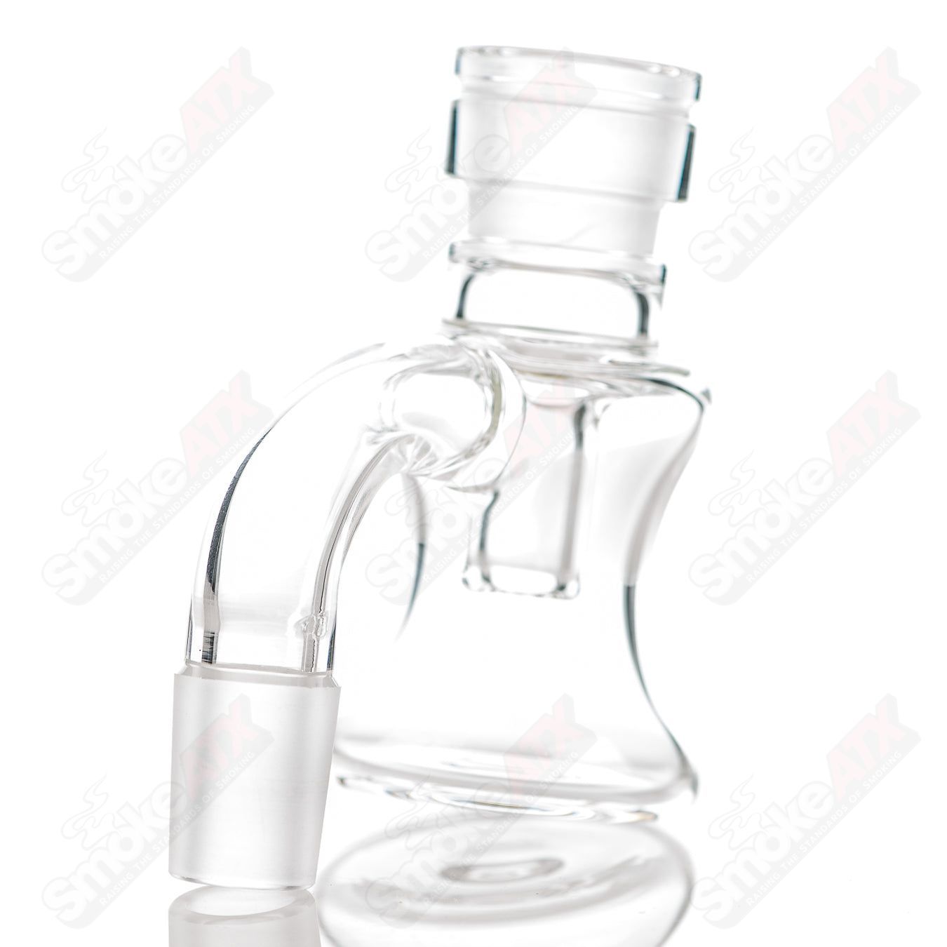 Stephen Pierce Glass 18/90 Mini Dry Catcher, clear glass dry catching device with intricate design and compact size.