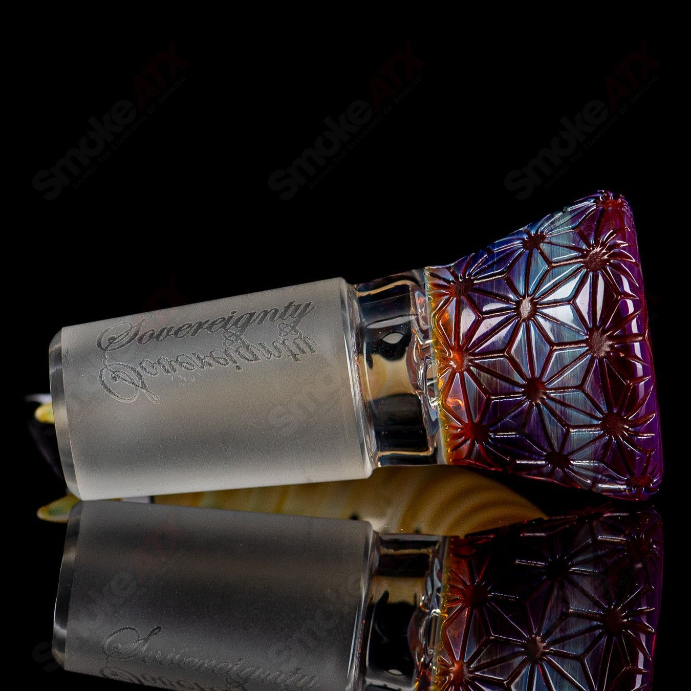Sovereignty Glass 18mm Full Accent Slide with Spiral Horn and Flame Polished Pattern Bowl in Amber Purple, heady glass collection.