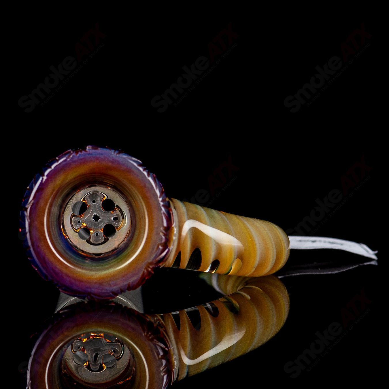 Sovereignty Glass 18mm full accent slide with spiral horn and flame-polished pattern bowl in amber purple for heady glass use.