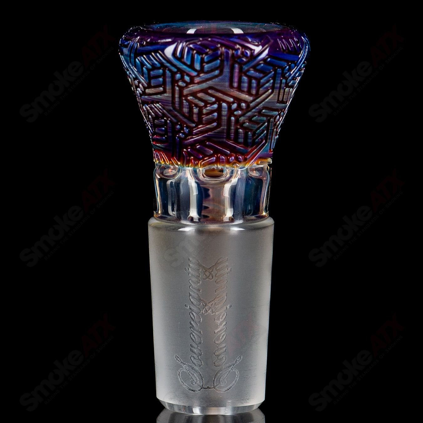 Sovereignty Glass 18mm #2 Full Accent Slide with spiral horn and flame-polished pattern bowl in amber purple color.