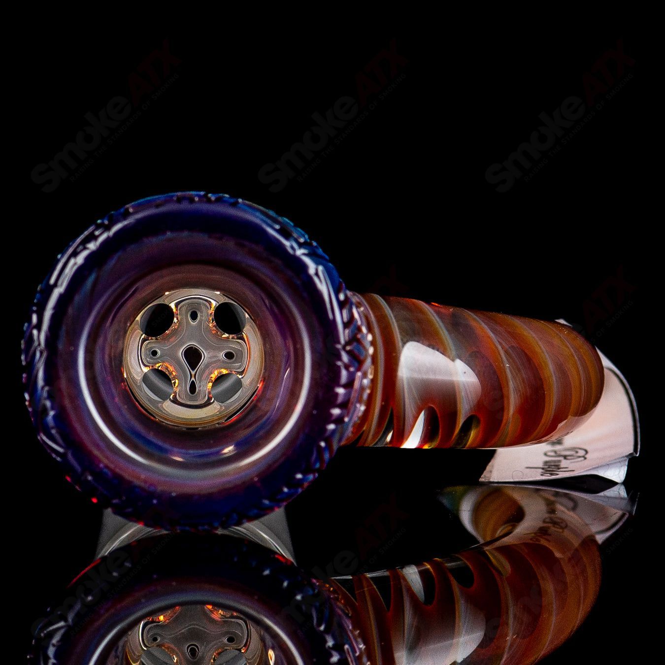 Sovereignty Glass 18mm #2 full accent slide with spiral horn and flame polished pattern bowl in amber purple design.