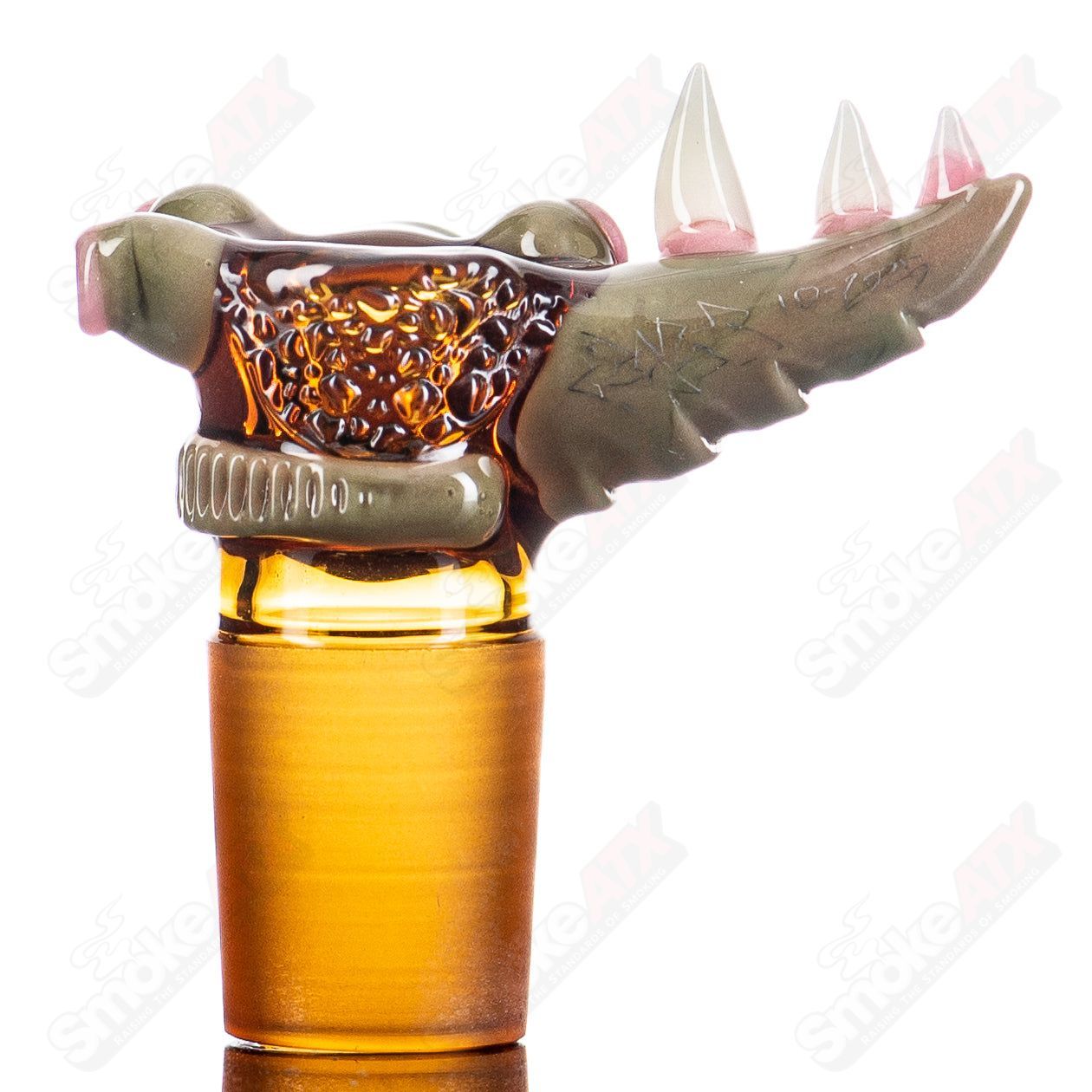 Salt Glass 18mm amber joint Spanish olive slide pendant, handcrafted heady glass jewelry with intricate design details.