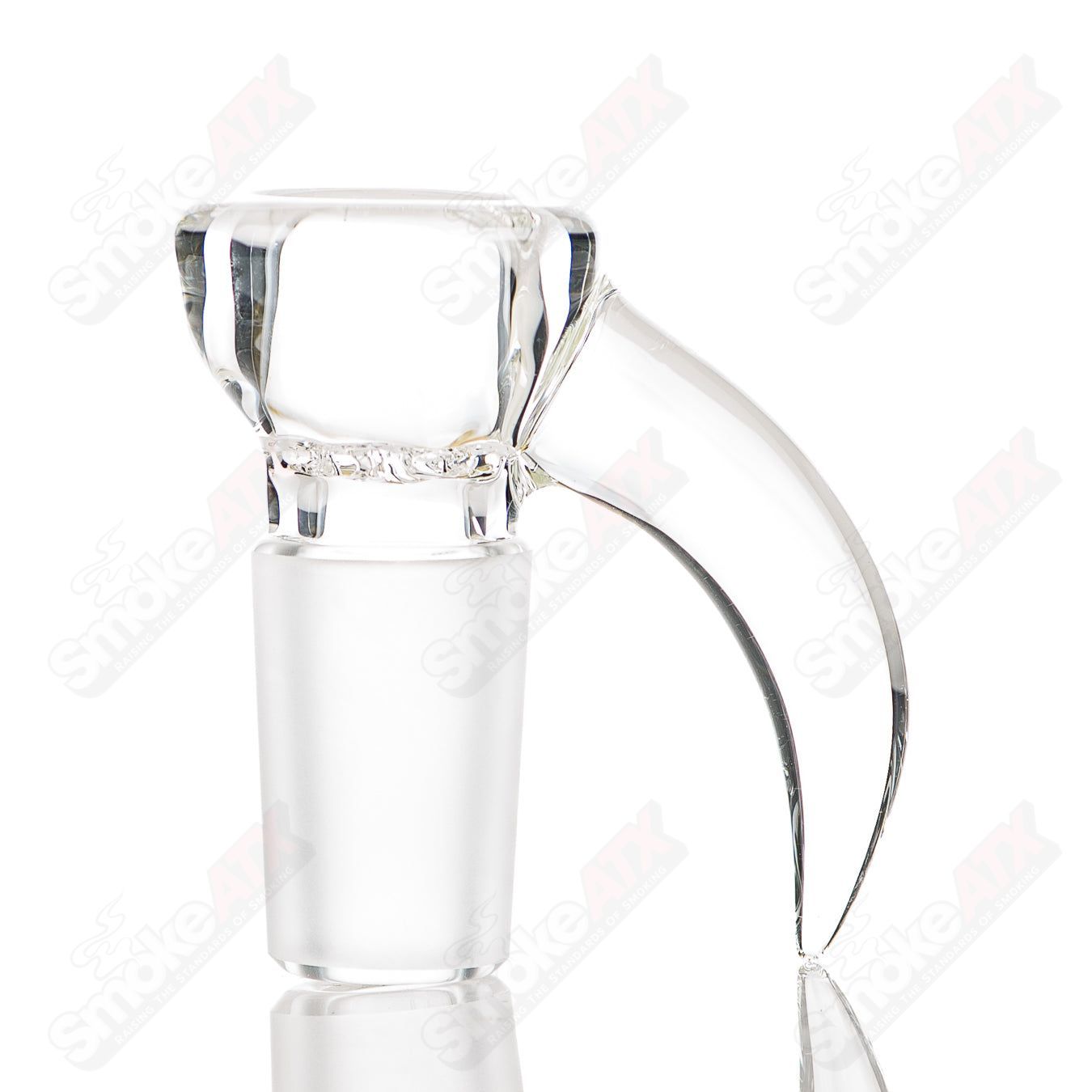 Clear 18mm horned slide glass bowl by Sovereignty Glass, showcasing detailed horn design and transparent glass construction.
