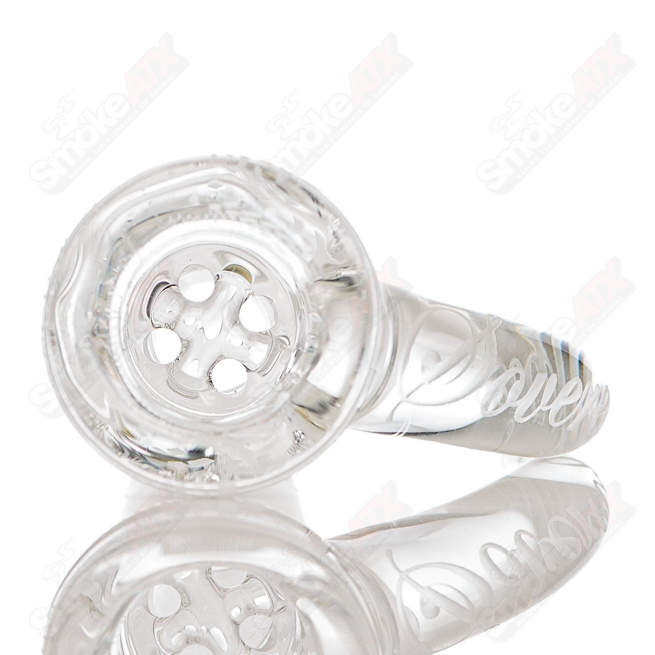 Clear 18mm patterned slide bowl by Sovereignty Glass, with intricate design suitable for heady glass smoking accessories.