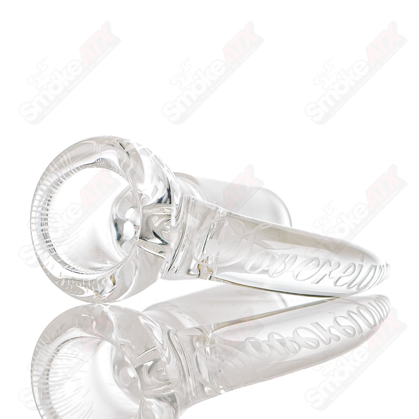 Clear 18mm patterned slide bowl by Sovereignty Glass, featuring intricate designs for use with heady glass rigs.