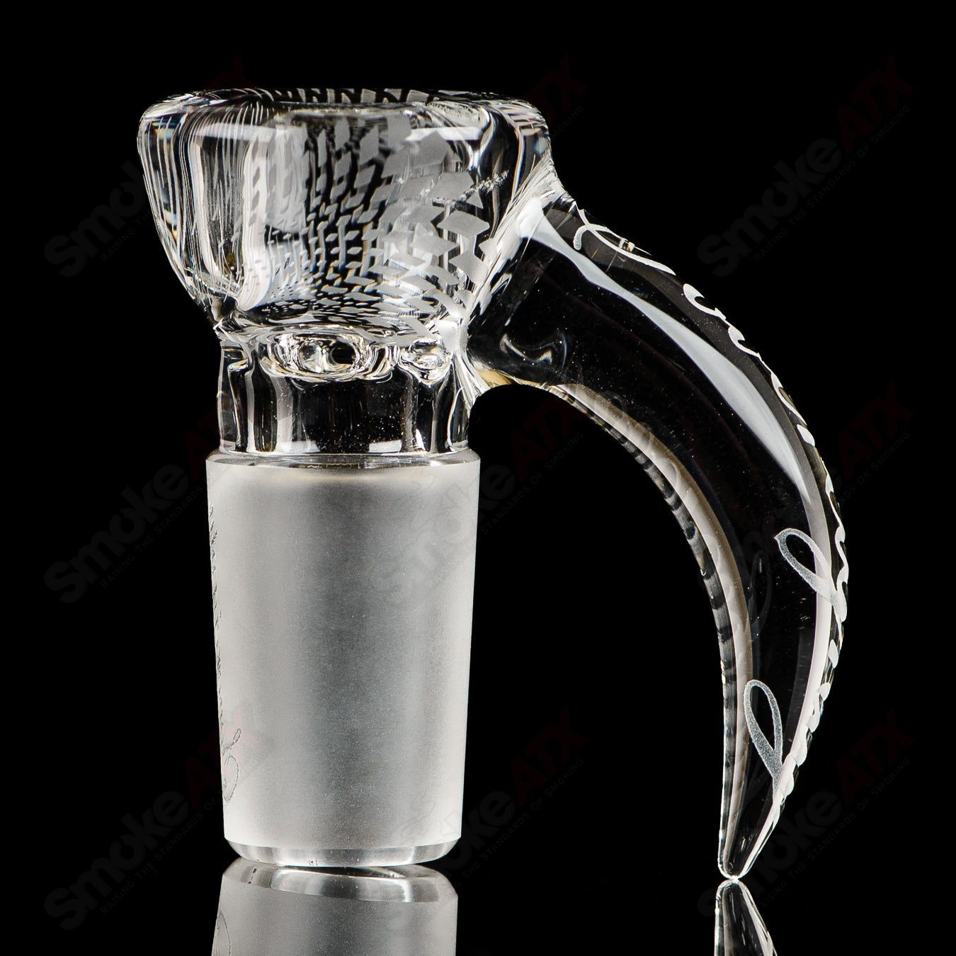 Clear 18mm patterned slide bowl by Sovereignty Glass, designed for heady glass pipes, featuring intricate pattern details.