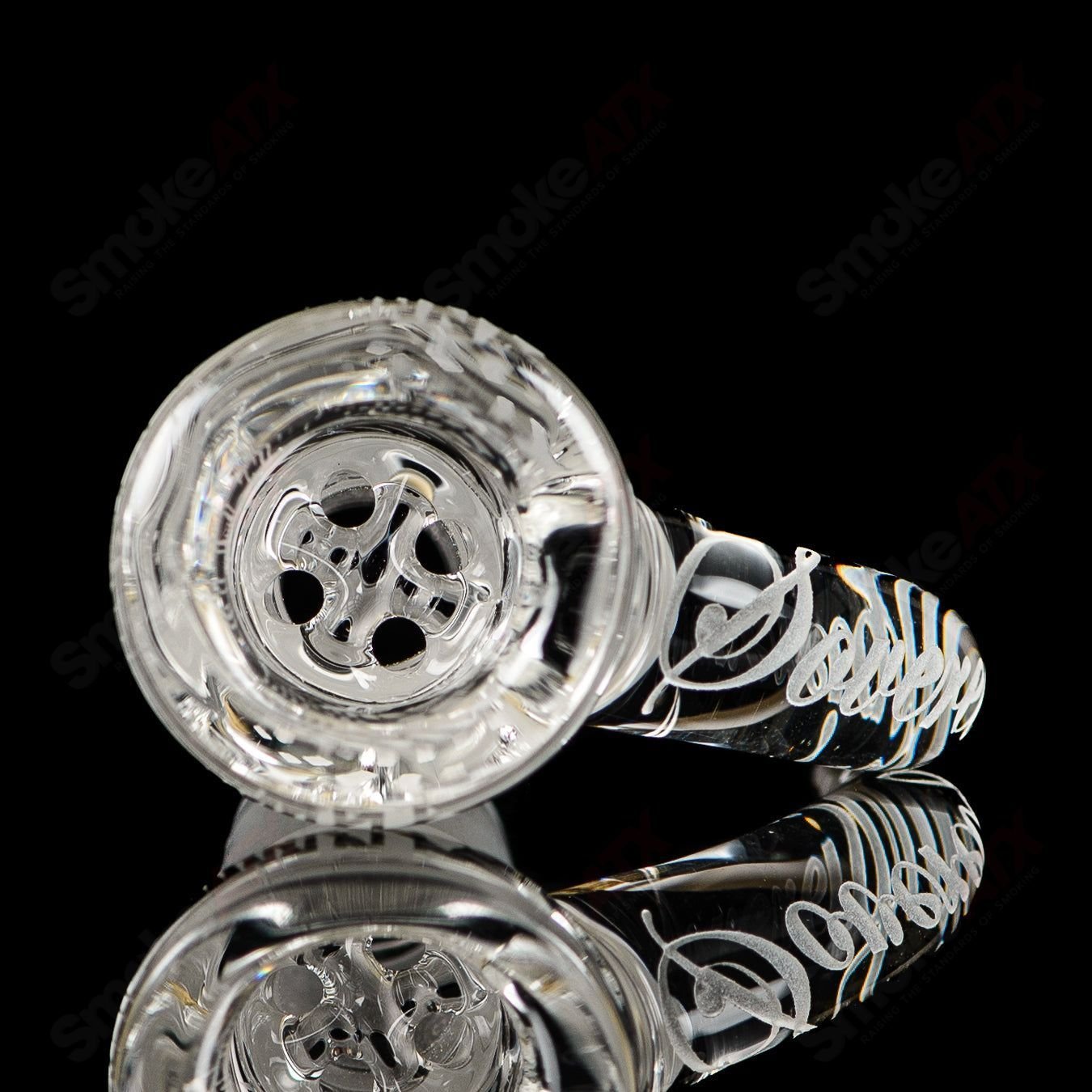 Clear patterned 18mm slide by Sovereignty Glass for heady glass bowls, featuring intricate glass design and precise fit.
