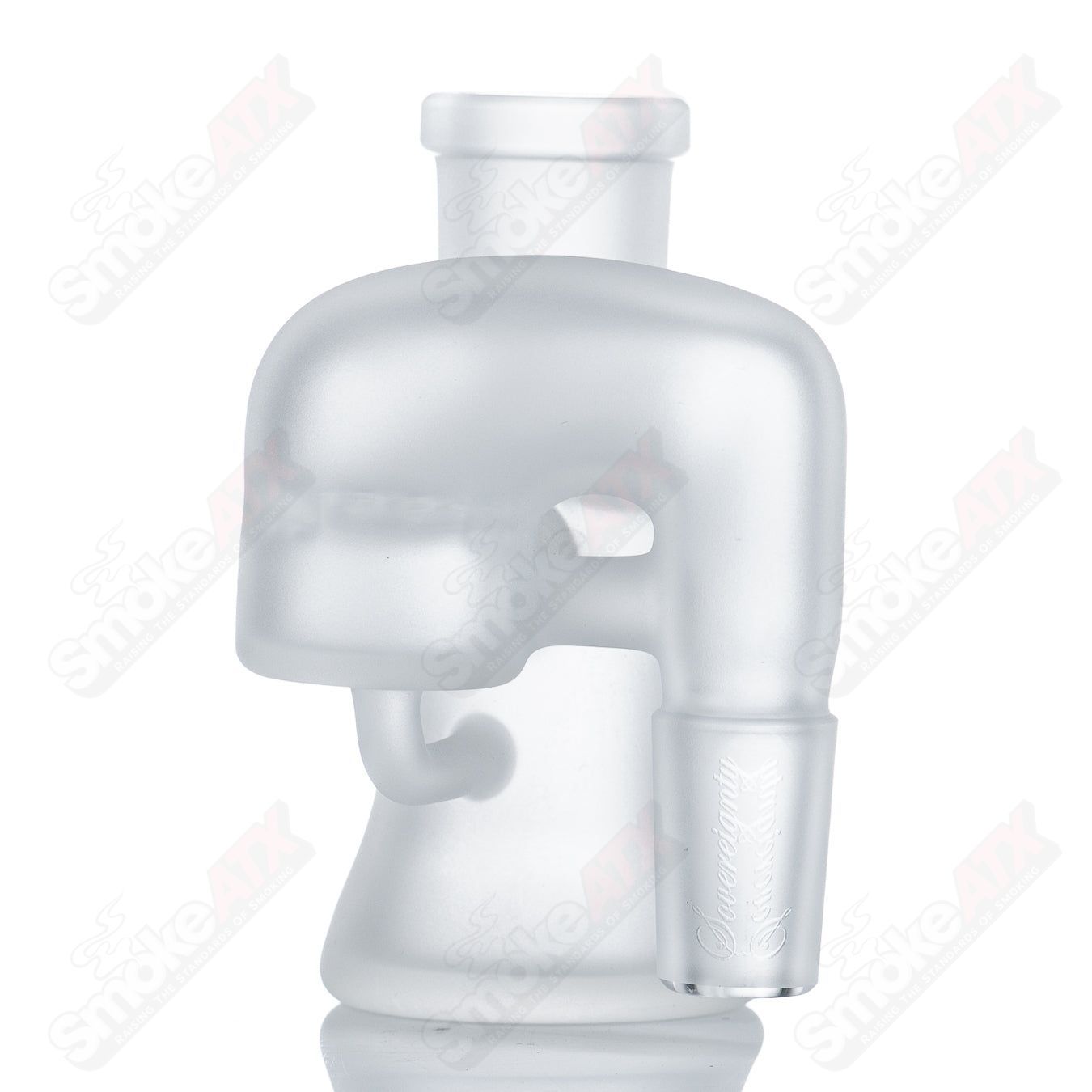 Frosted 18mm dry cleaner ash catcher by Sovereignty Glass, style #3, made of clear glass with frosted accents for dry herb use.