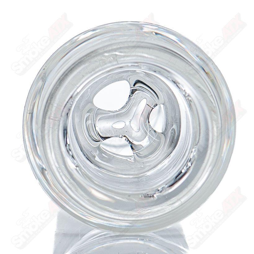 18mm King Ratchet Bubbler by Bear Mountain Studios, heady glass concentrate rig with intricate design and clear glass features.