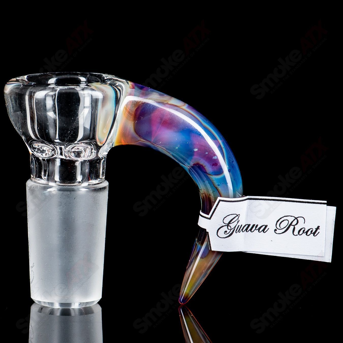 Heady Glass 18mm Partial Accent Slide in Guava Root by Sovereignty Glass, featuring intricate glasswork and vibrant color accents.