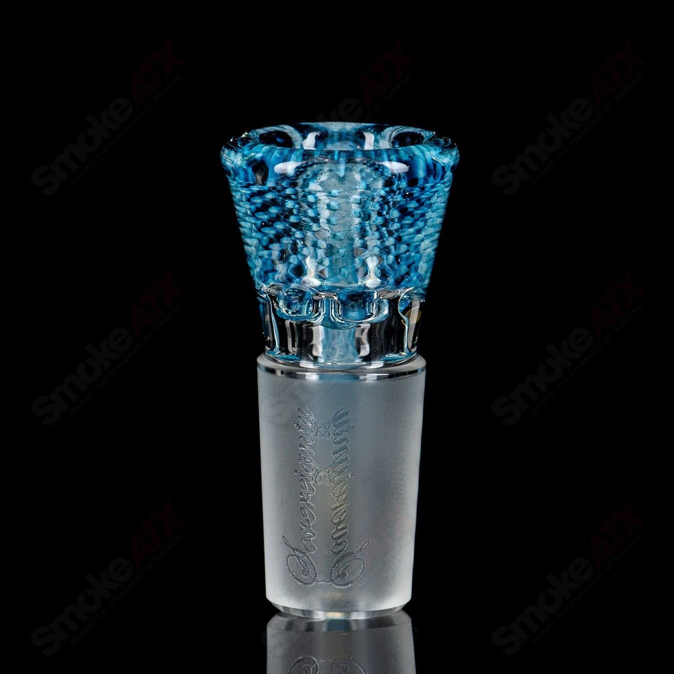 Blue honeycomb 18mm Stephen C. Clear Joint Slide bowl by Sovereignty Glass, designed for heady glass smoking accessories.