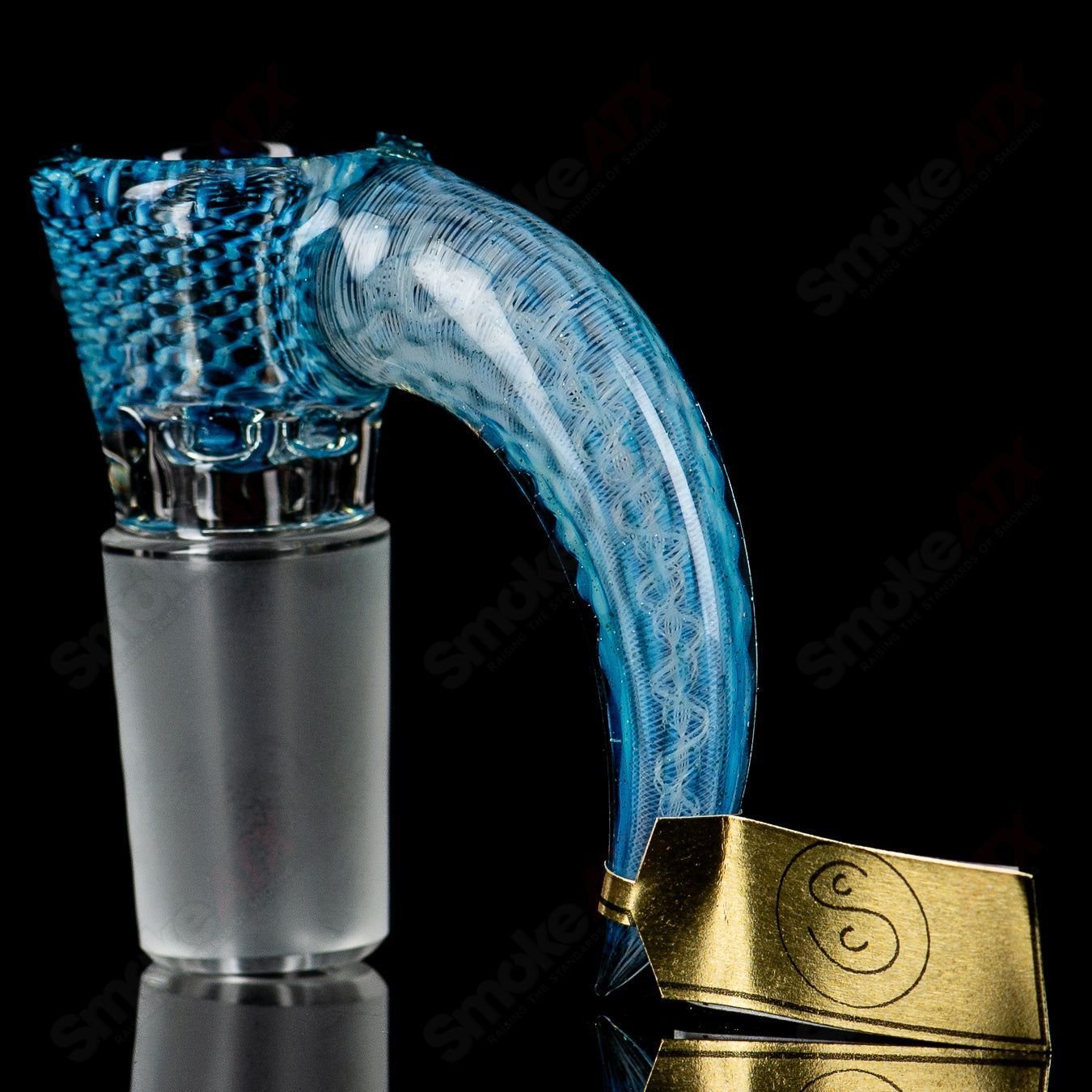 Sovereignty Glass 18mm Stephen C. Clear Joint Slide with blue honeycomb design, compatible with heady glass bowls.