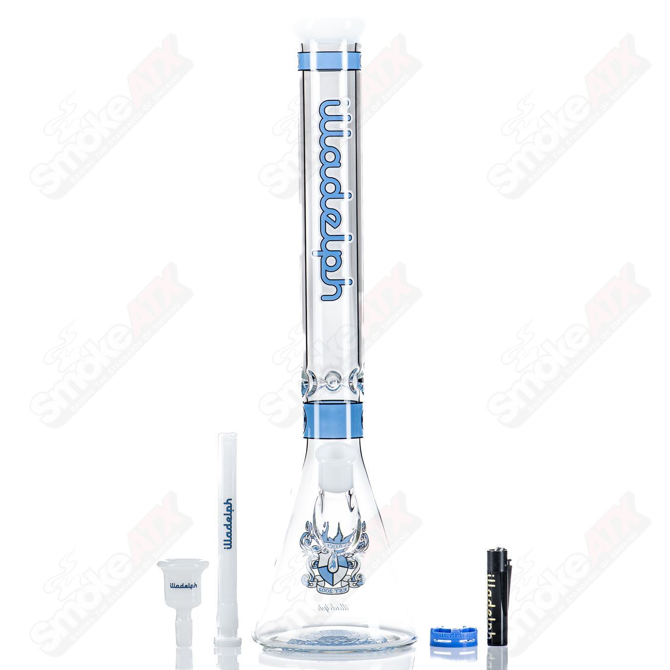 Blue 19-inch Signature Series medium beaker bong by Illadelph, made of heady glass with a sturdy beaker shape.
