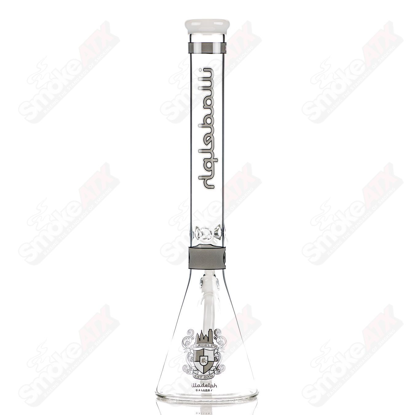 Gray 19-inch Illadelph Signature Series medium beaker from the Heady Glass collection, featuring clear glass accents and a sturdy design.