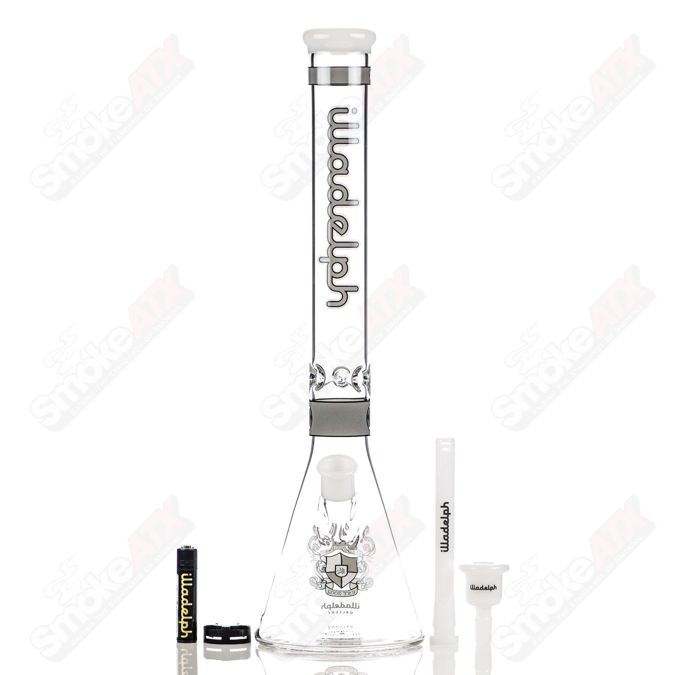 Gray 19-inch Signature Series Medium Beaker from Illadelph, heady glass with clear scientific-style design and sturdy base.