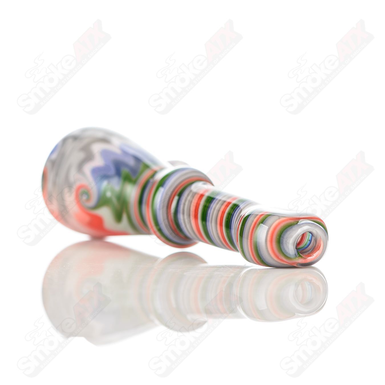 Katy Wright Glass Wig Wag Chillum, colorful heady glass chillum with intricate wig wag design and clear glass accents.