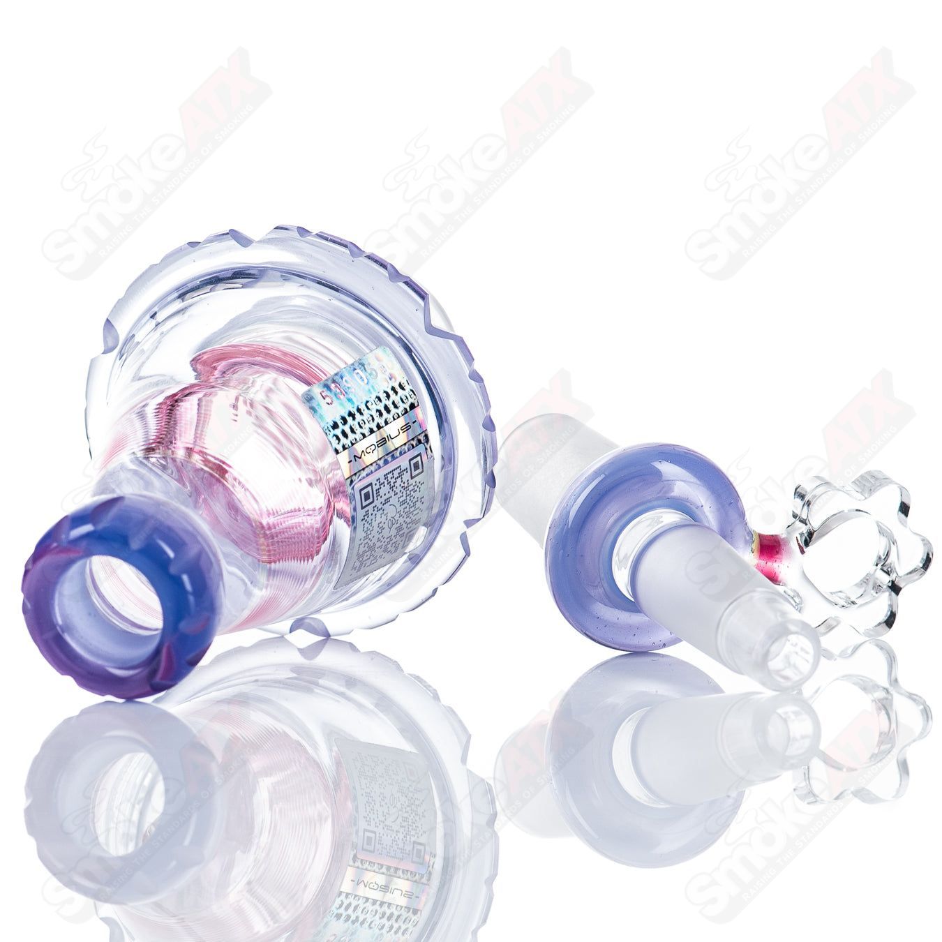 19mm Mobius Elements Snap Trap Fitting for ash catchers, clear glass with intricate design and durable construction.