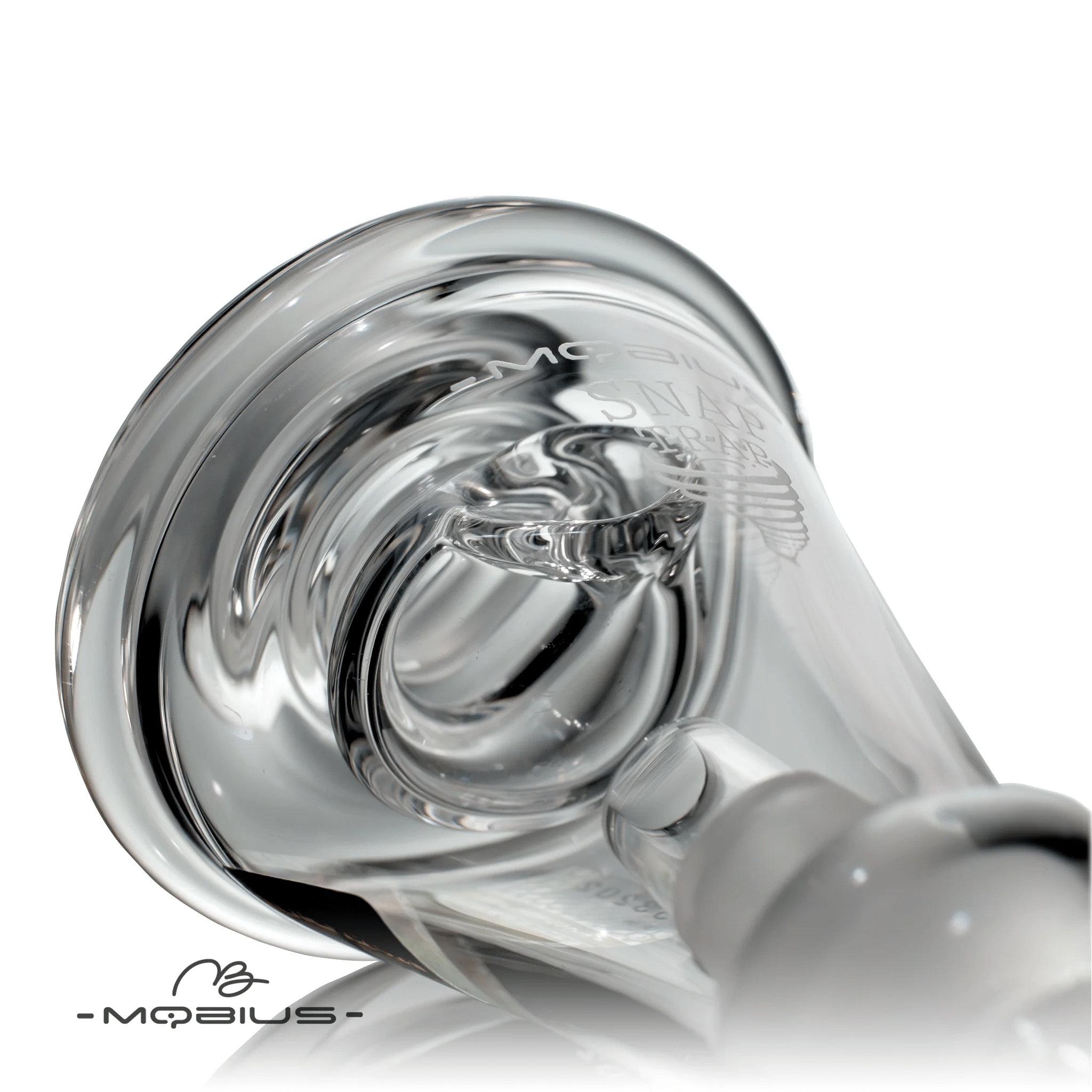 Mobius 19mm Snap Trap fitting for Heady Glass Ash Catchers, featuring a clear glass design with precise connection ports.