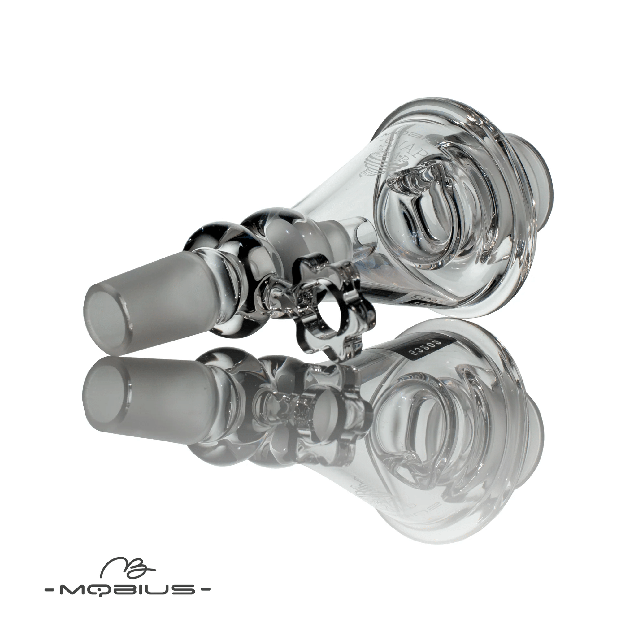 Mobius 19mm Snap Trap fitting for heady glass ash catchers, designed for secure connection and smooth filtration.