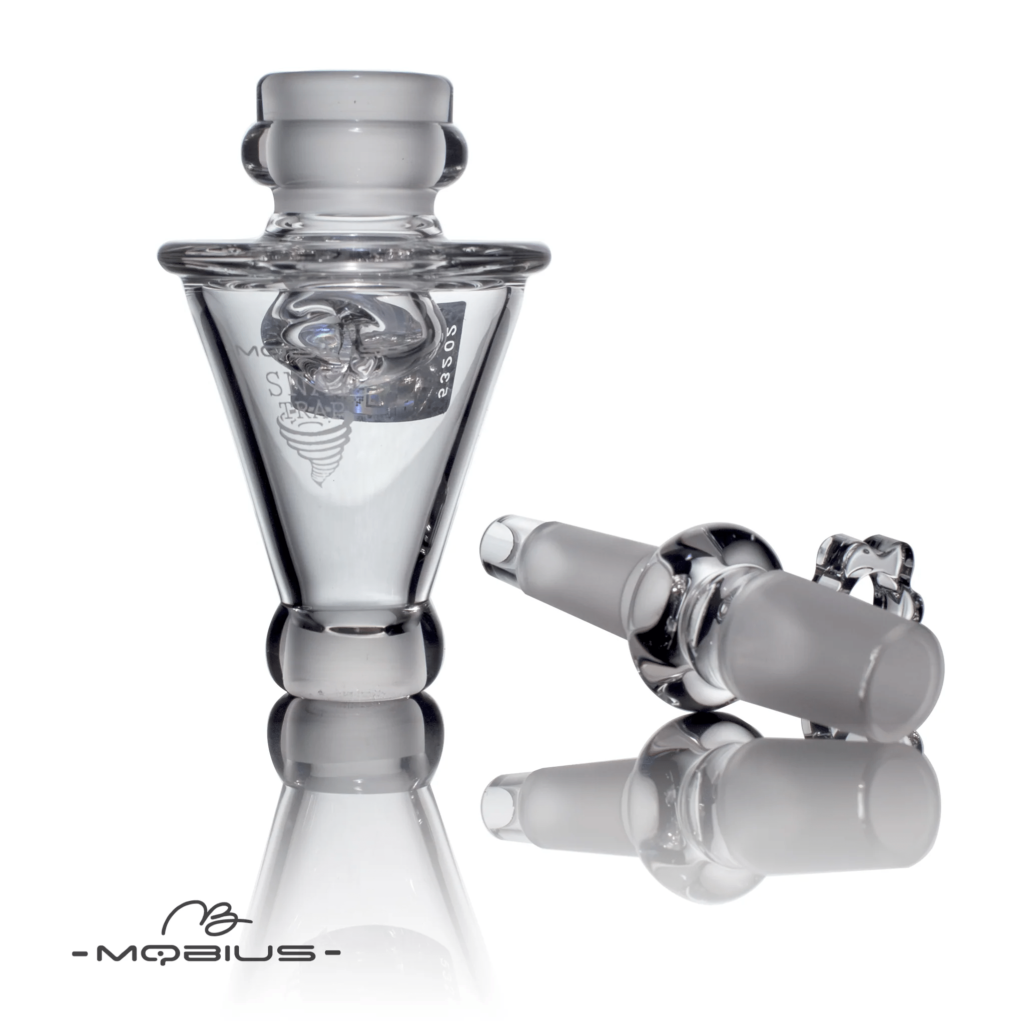 Mobius 19mm Snap Trap Fitting for Heady Glass ash catchers, featuring a durable glass construction and trap mechanism.