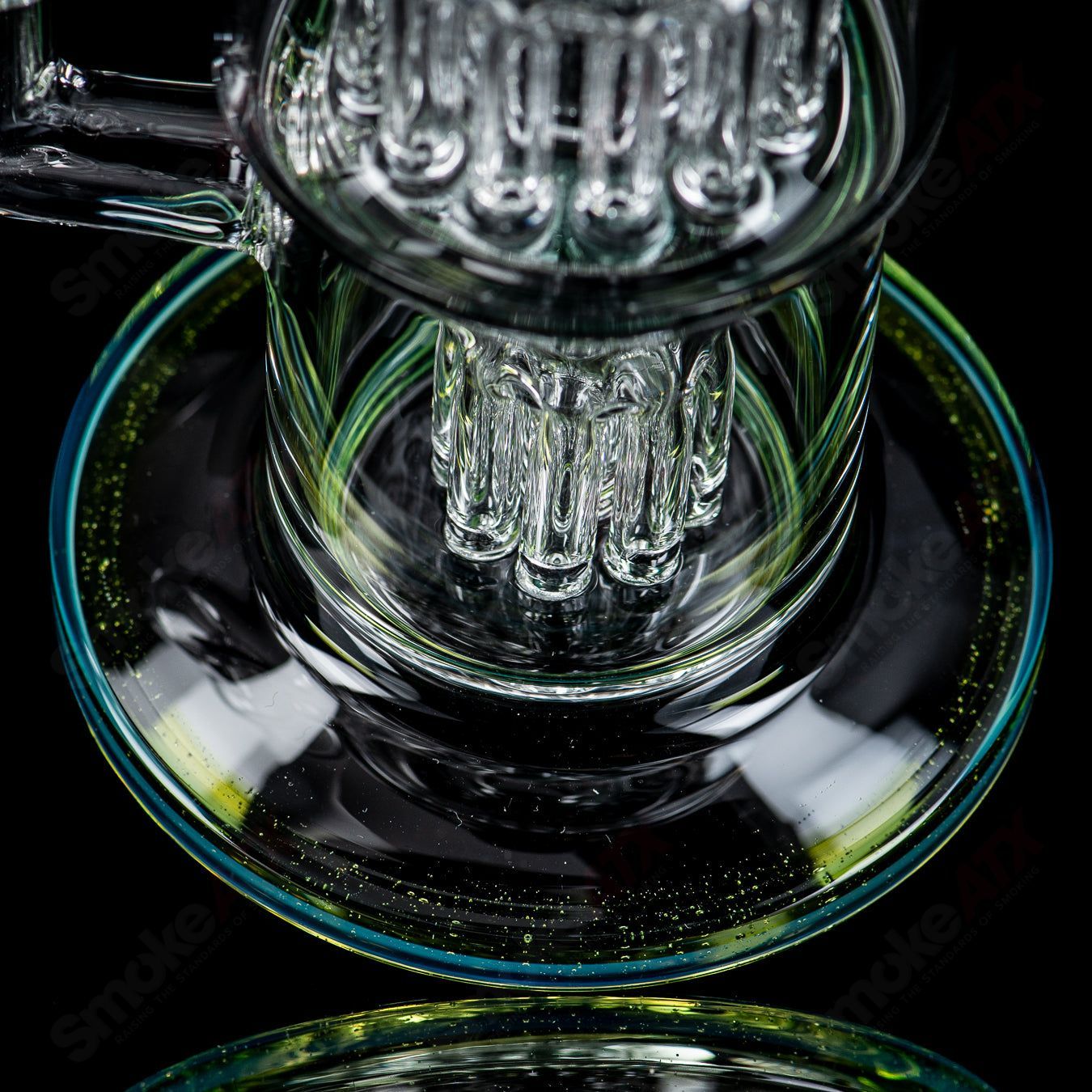 Toro Glass #2 14mm Double Macro XL bubbler with colorful accents, featuring intricate glasswork and a sturdy base.