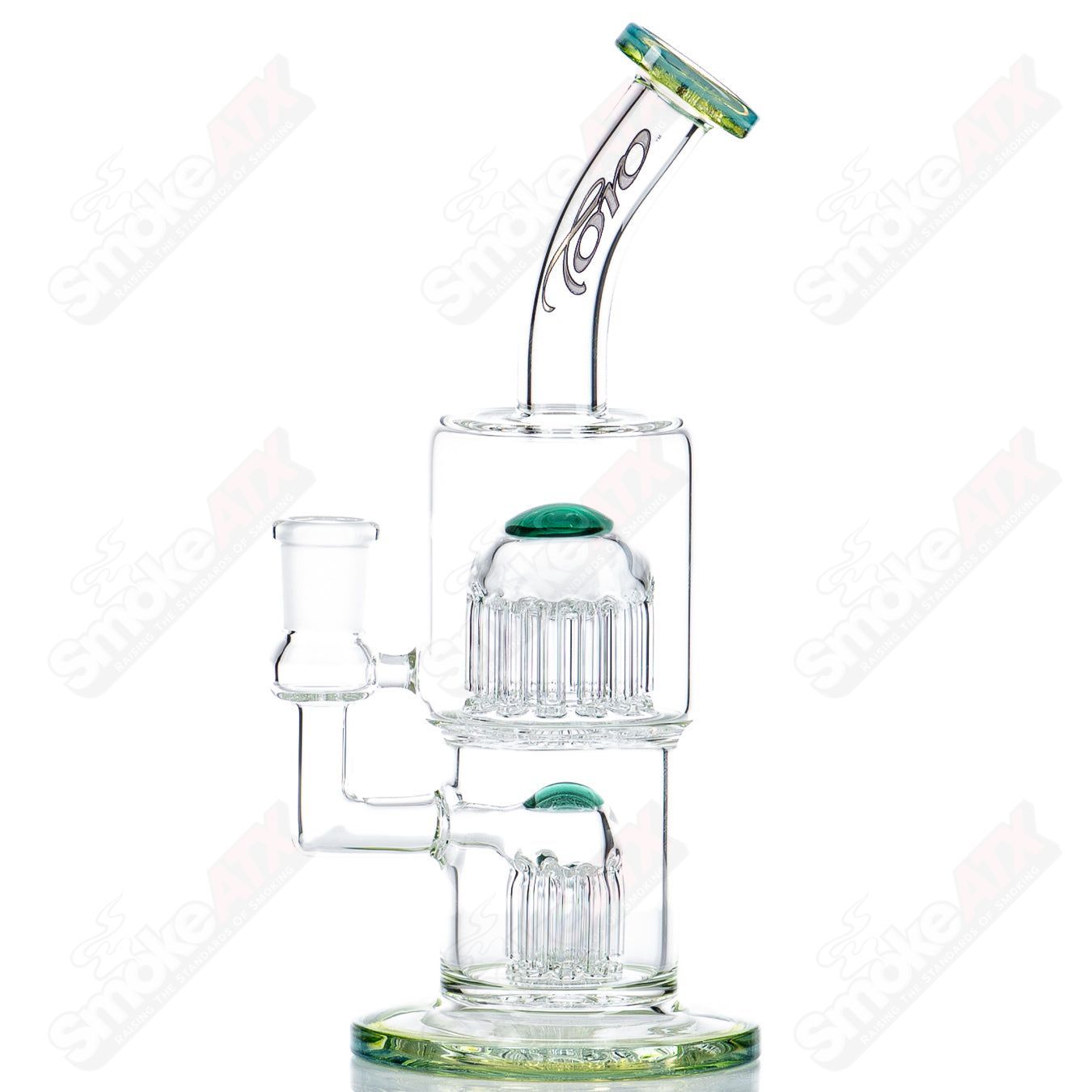 Toro Glass 14mm Double Macro XL bubbler with vibrant color accents, featuring intricate glasswork and a sturdy base.