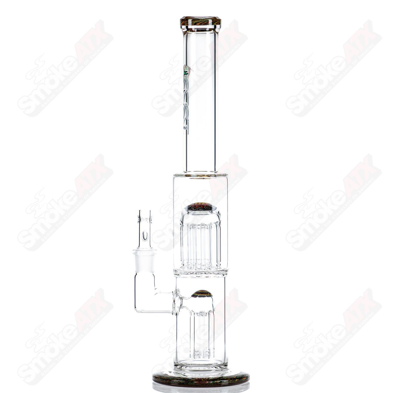 Toro 18mm 7/13 arm perc straight glass tube with worked sections, designed for smooth, filtered hits.