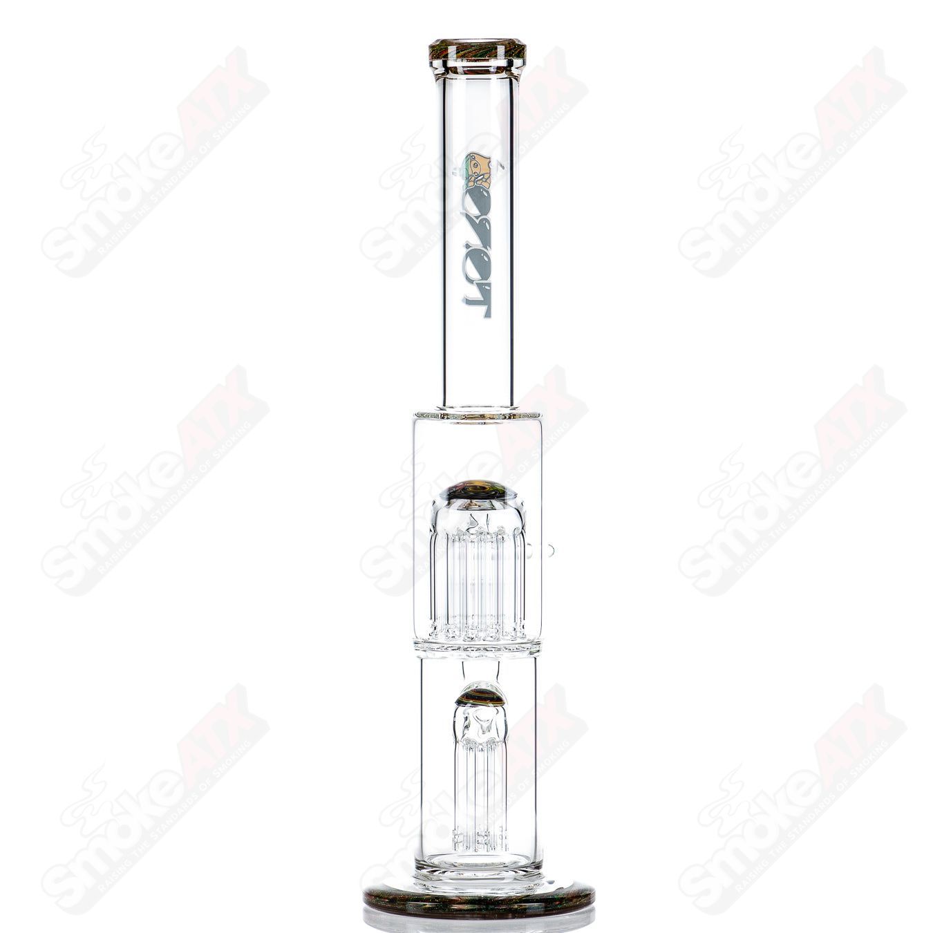 Toro 18mm 7/13 arm perc straight glass tube with worked sections, designed for smooth filtration and enhanced airflow.