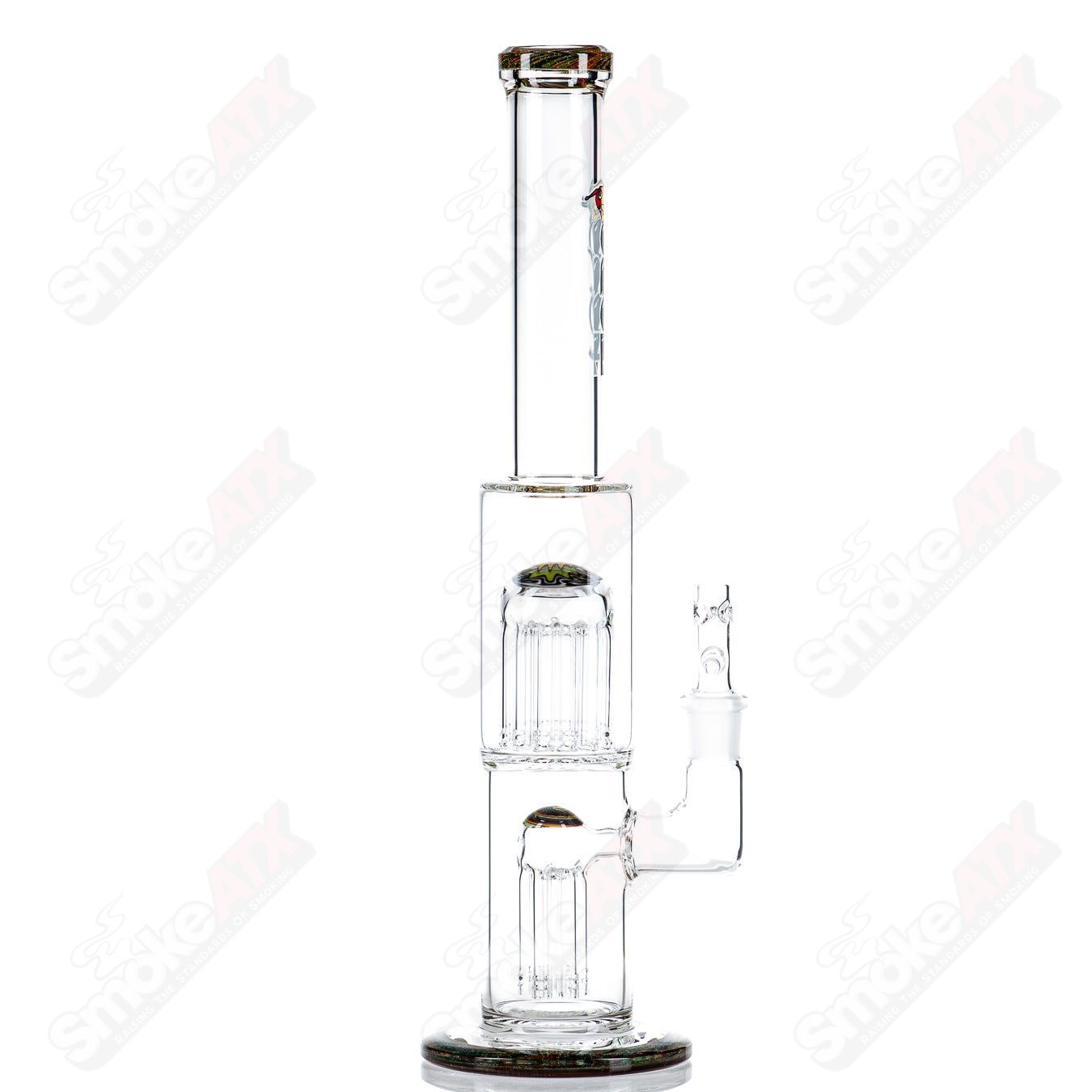 Toro 18mm 7/13 arm perc straight glass tube with worked sections, designed for smooth, filtered smoking experience.