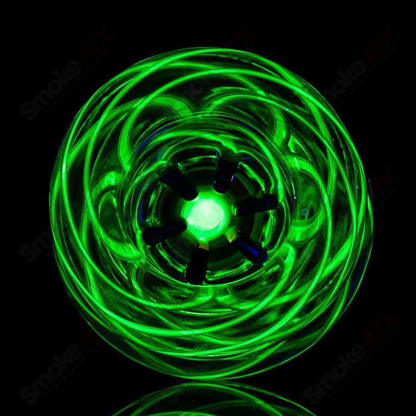 Mobius 19mm UV color elements multi-hole bowl for heady glass pipes, featuring vibrant glow-in-the-dark accents.