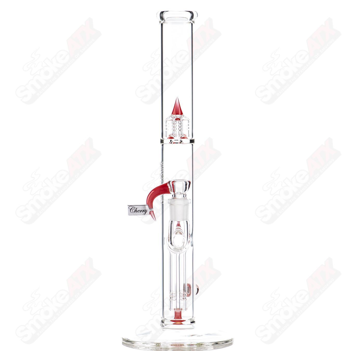 Sovereignty Glass straight tube with 44x4 fixed 4-partial accent design, clear glass, showcasing intricate craftsmanship.