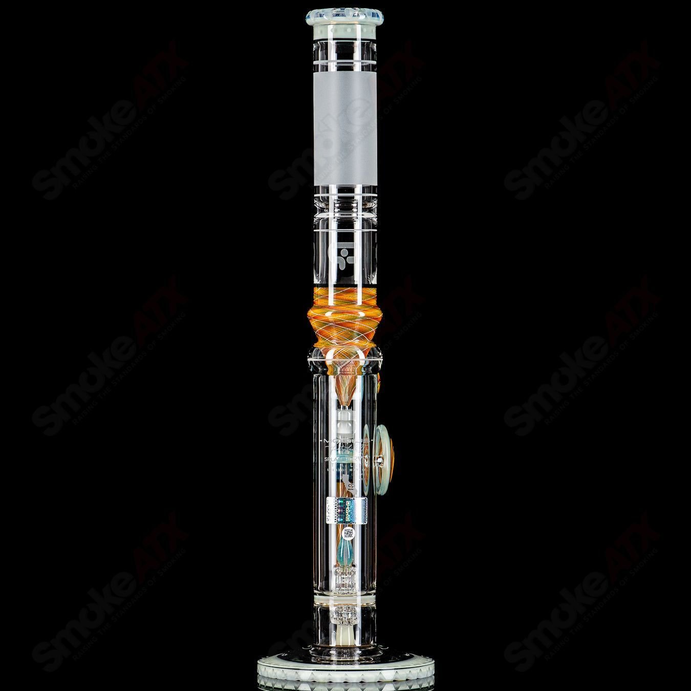 Mobius 45T V1 waterpipe glass bong with splash trap elements, featuring intricate design and clear glass construction.