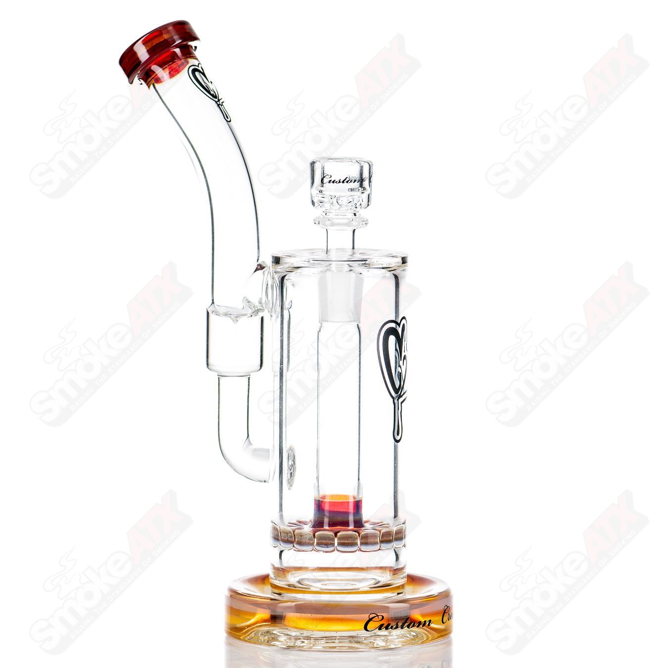 Colorful 50mm and 14mm glass waterpipe with bent neck by C2 Custom Creations featuring a single ratchet bub design.