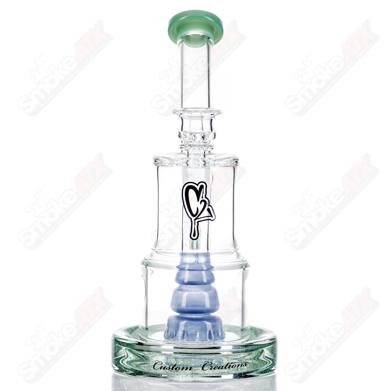 C2 Custom Creations glass waterpipe with 80mm fixed sprocket perc in two-tone colors, designed for smooth smoking experience.