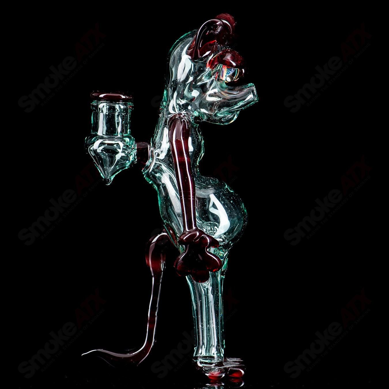 Full-size T-Tree glass dog rig for concentrates, featuring a standing T-Tree shape with intricate glasswork and clear design.