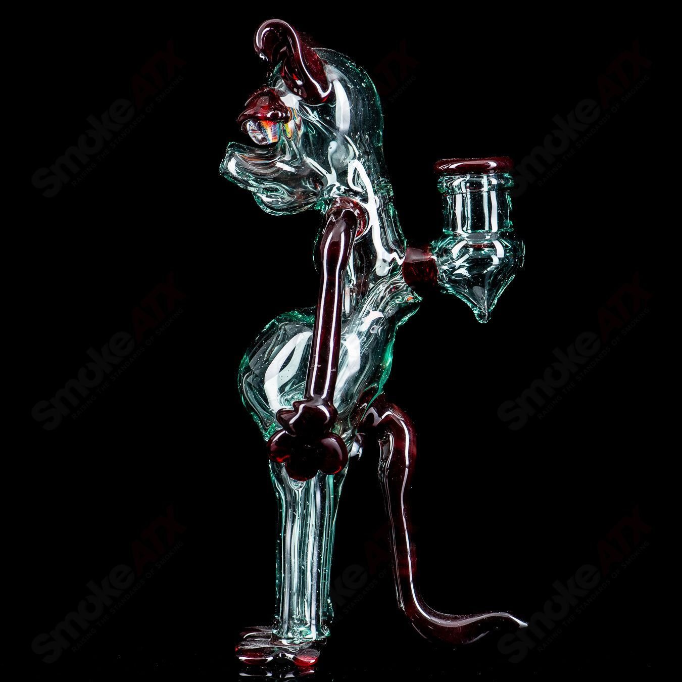 Full-size T-Tree 2-Dog Rig glass concentrate rig with standing design, clear glass construction, and intricate glasswork detail.