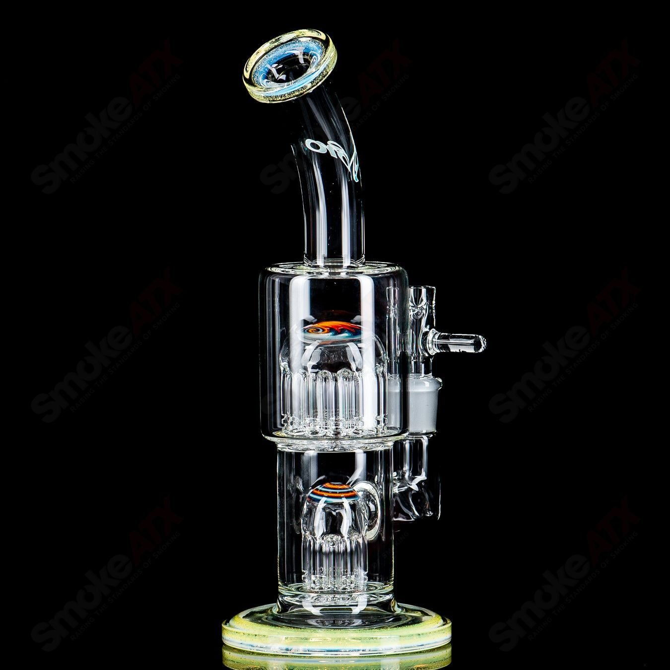 Toro Glass 2-double-micro 7/13 arm perc waterpipe with worked sections, showcasing intricate glasswork and multiple percolator arms.