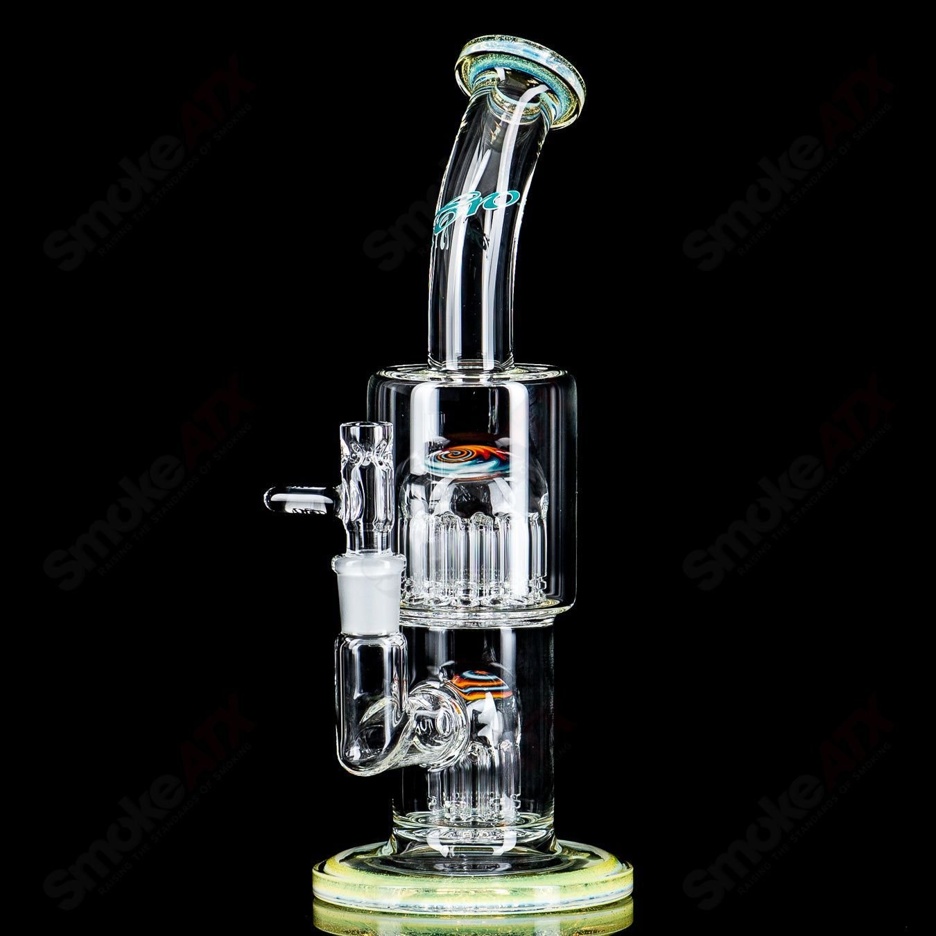 Toro Glass Double Micro 7/13 Arm Perc waterpipe with worked sections, clear glass water pipe for smooth filtration.