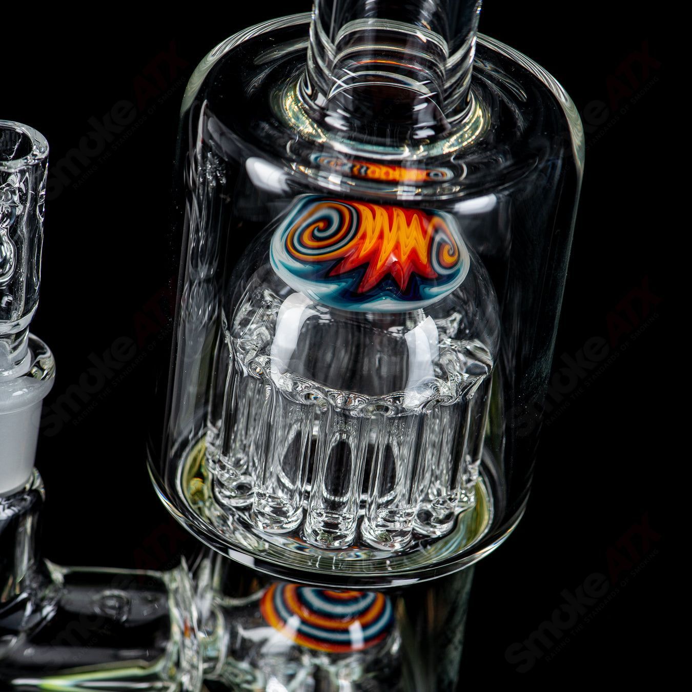 Toro Glass 2-double-micro 7/13 arm perc waterpipe with worked sections, showcasing intricate glasswork and multiple percolator arms.