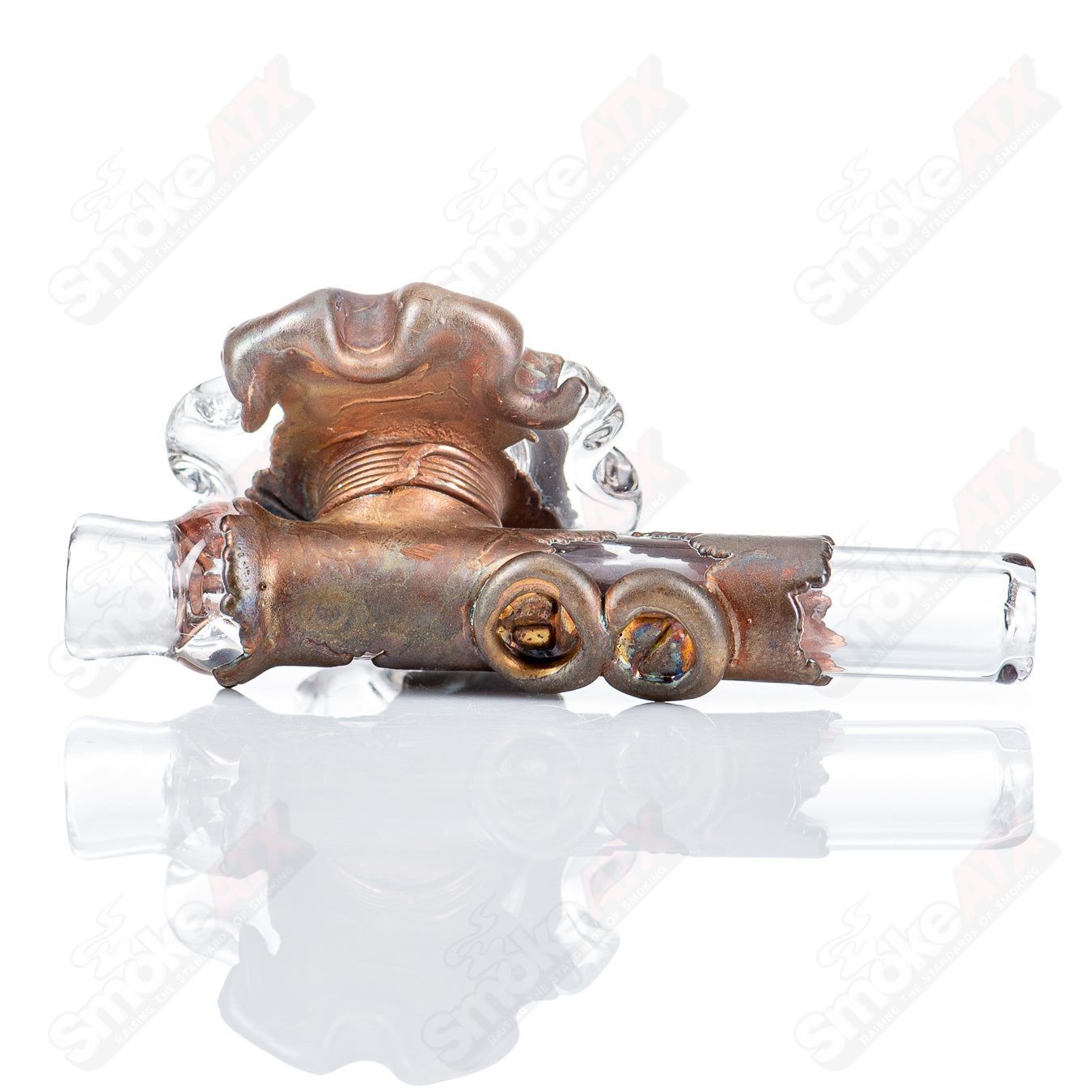 Electroformed gear chillum by Zack P x Snic, glass smoking pipe with intricate gear design, showcasing detailed craftsmanship.