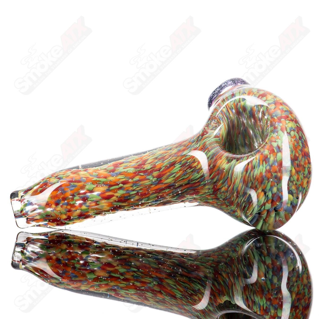 Colorful Frit Rainbow Spoon glass hand pipe by JMK Glass with vibrant rainbow frit design and smooth glass finish.