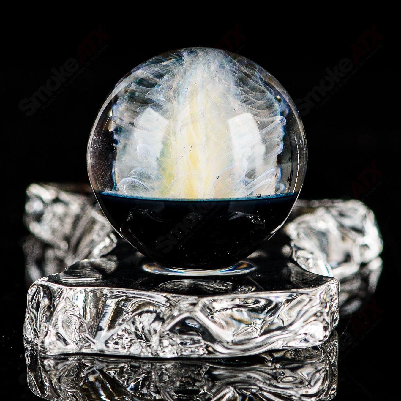 Fume Latticino marble signed by JMK Glass, handcrafted heady glass marble with swirling smoky patterns and intricate design.