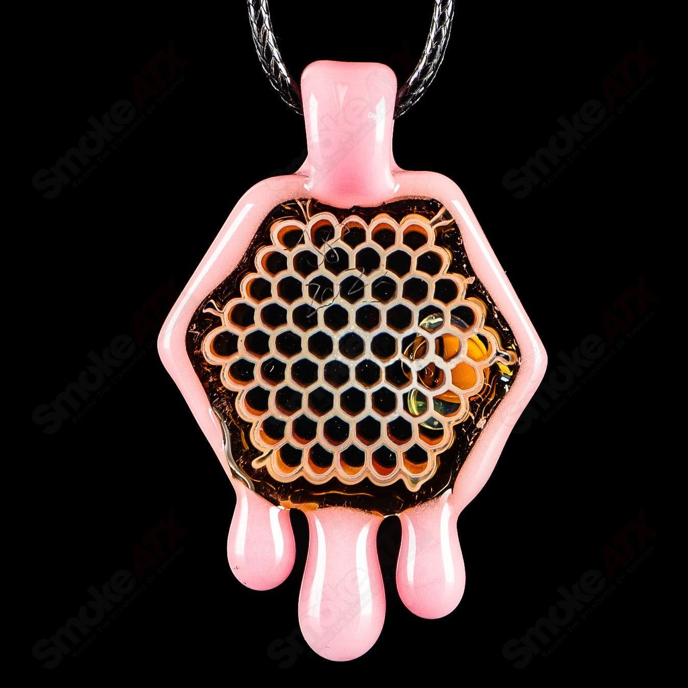 Joe P Glass Cadillac Pink 2-inch honeycomb drip pendant, handcrafted heady glass jewelry with vibrant pink design.