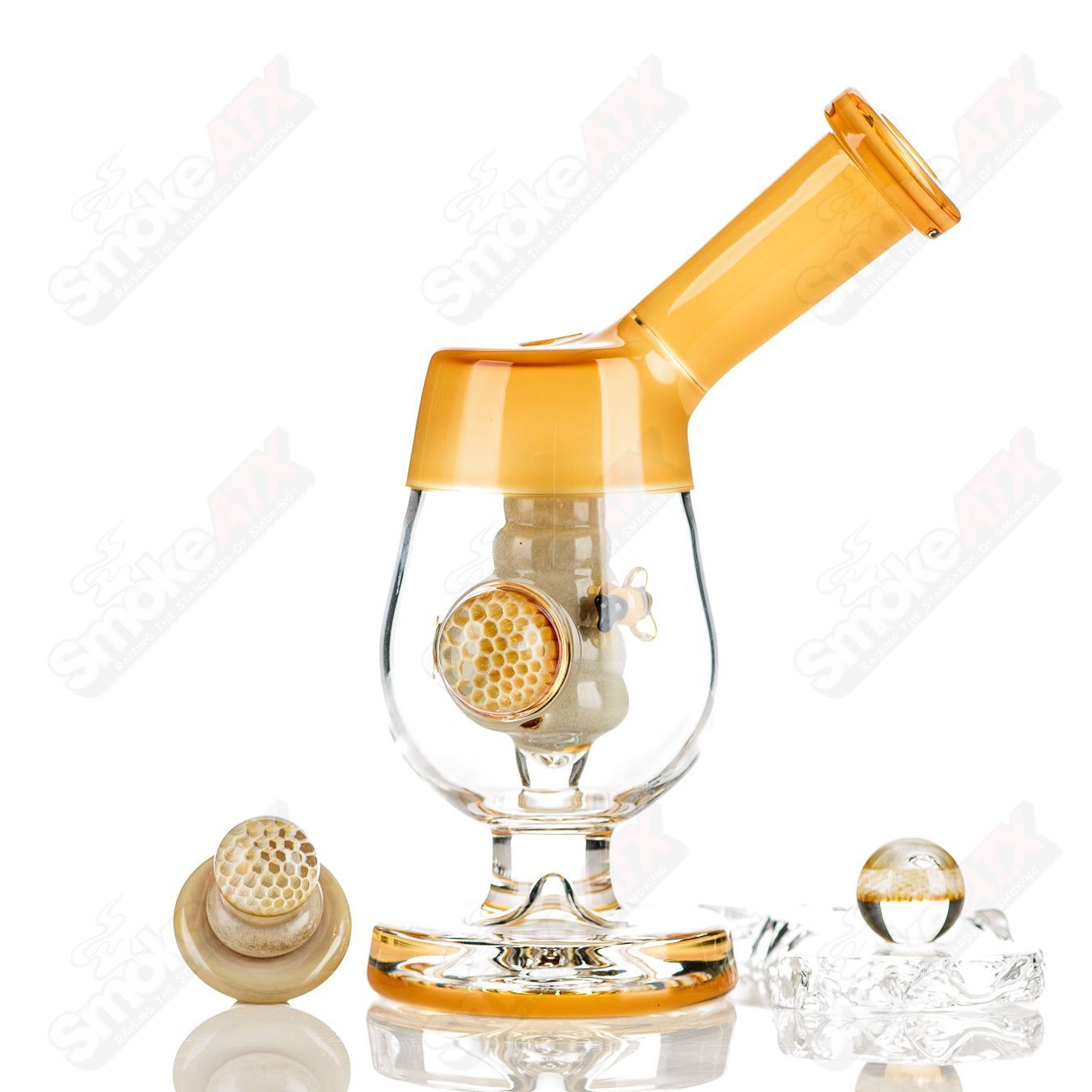 Joe P Glass Honeycomb Jammer heady glass bubbler with intricate honeycomb design and clear glass body, showcasing detailed craftsmanship.