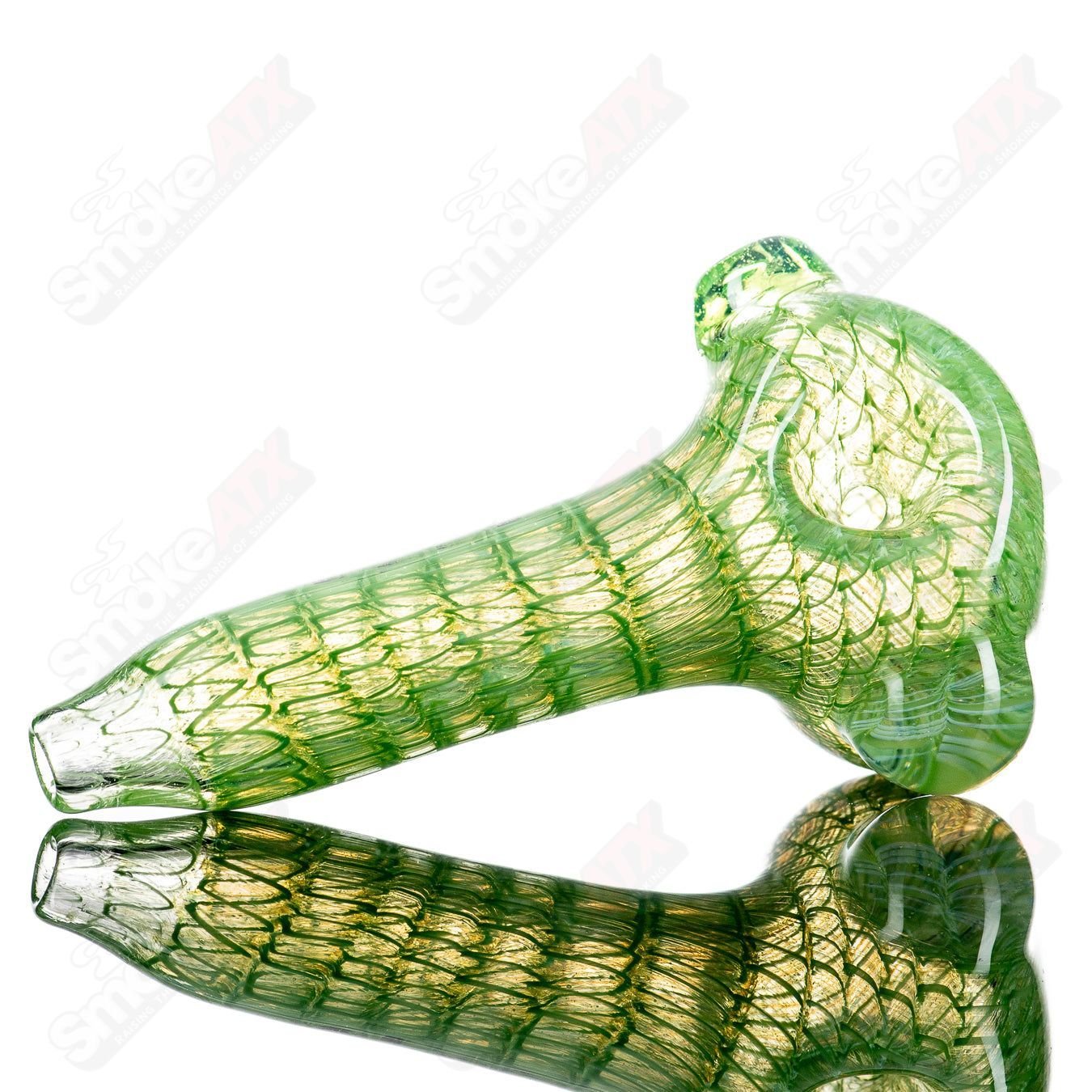 JMK Glass #2 Lattice Coil Spoon, a handcrafted glass hand pipe with lattice coil design and smooth bowl.