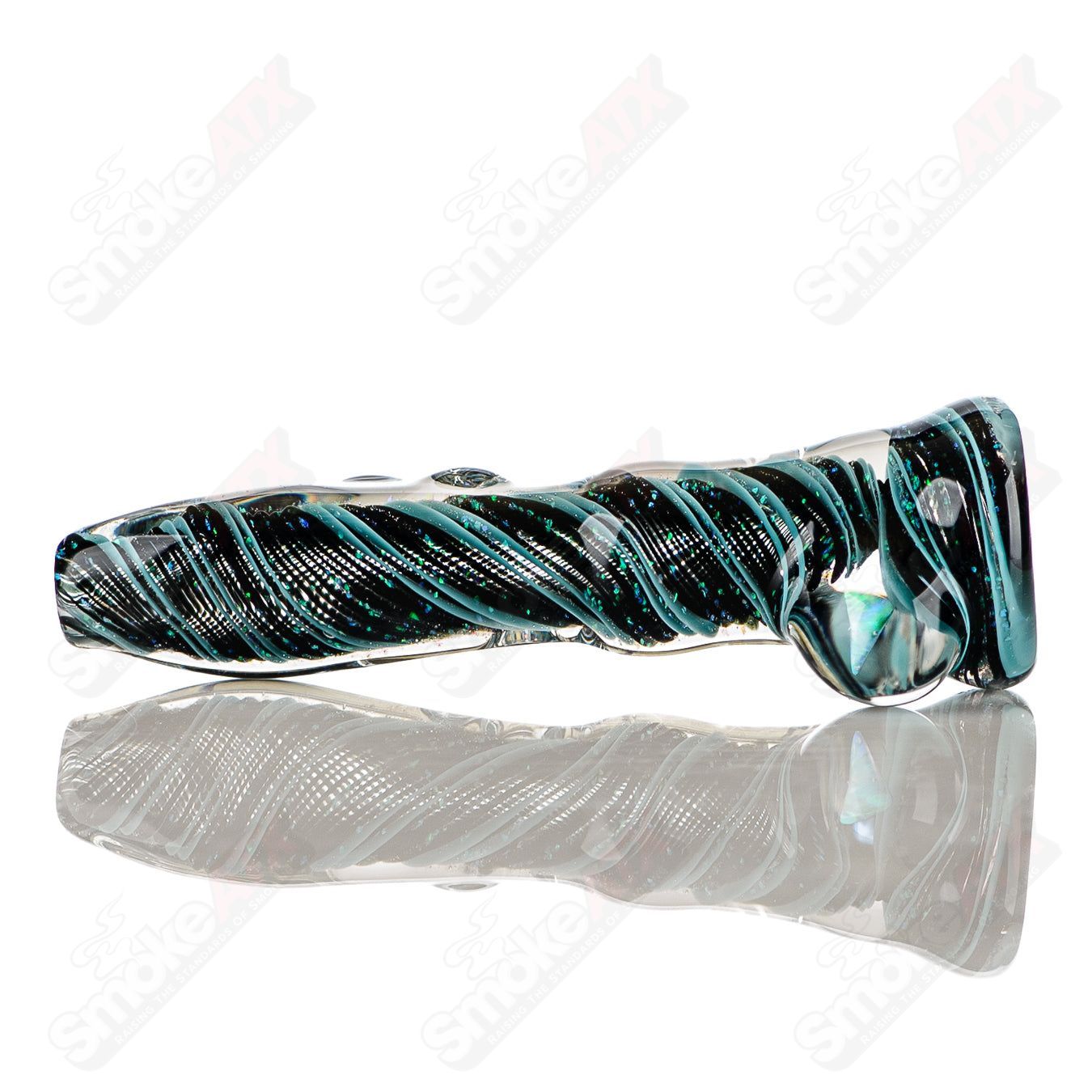 Glass chillum named #2 Opal Hitter by Rotational Science, featuring a colorful opal design and a compact, ergonomic shape.