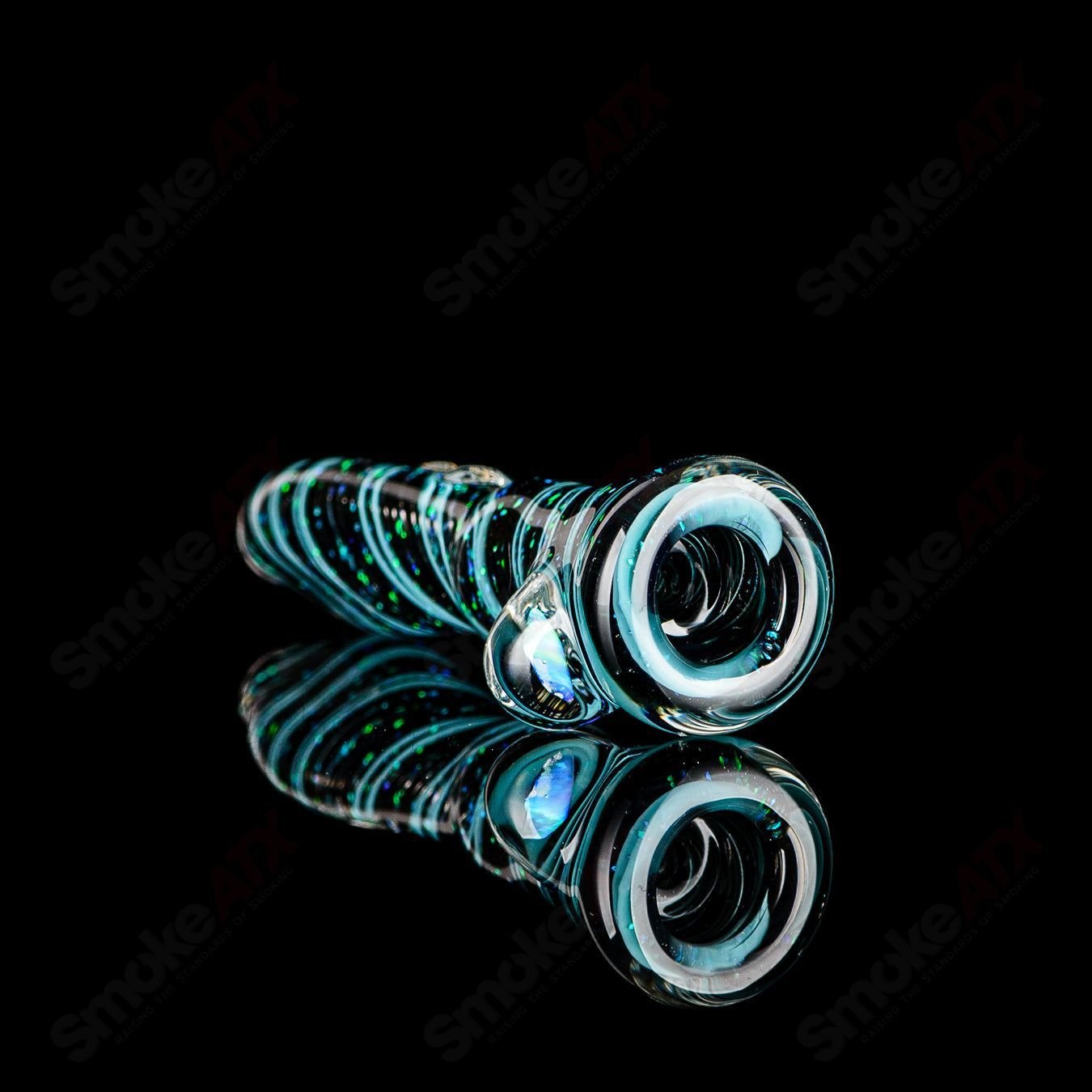 Glass chillum named #2 Opal Hitter by Rotational Science featuring colorful opal accents and a clear glass design.