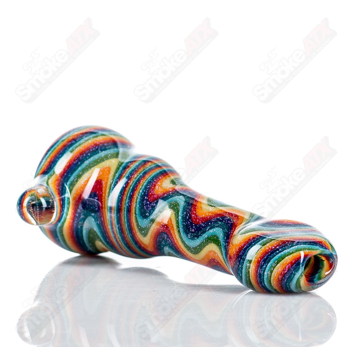 Shane Smith rainbow dichro line work glass chillum with push bowl, featuring vibrant color patterns and detailed craftsmanship.