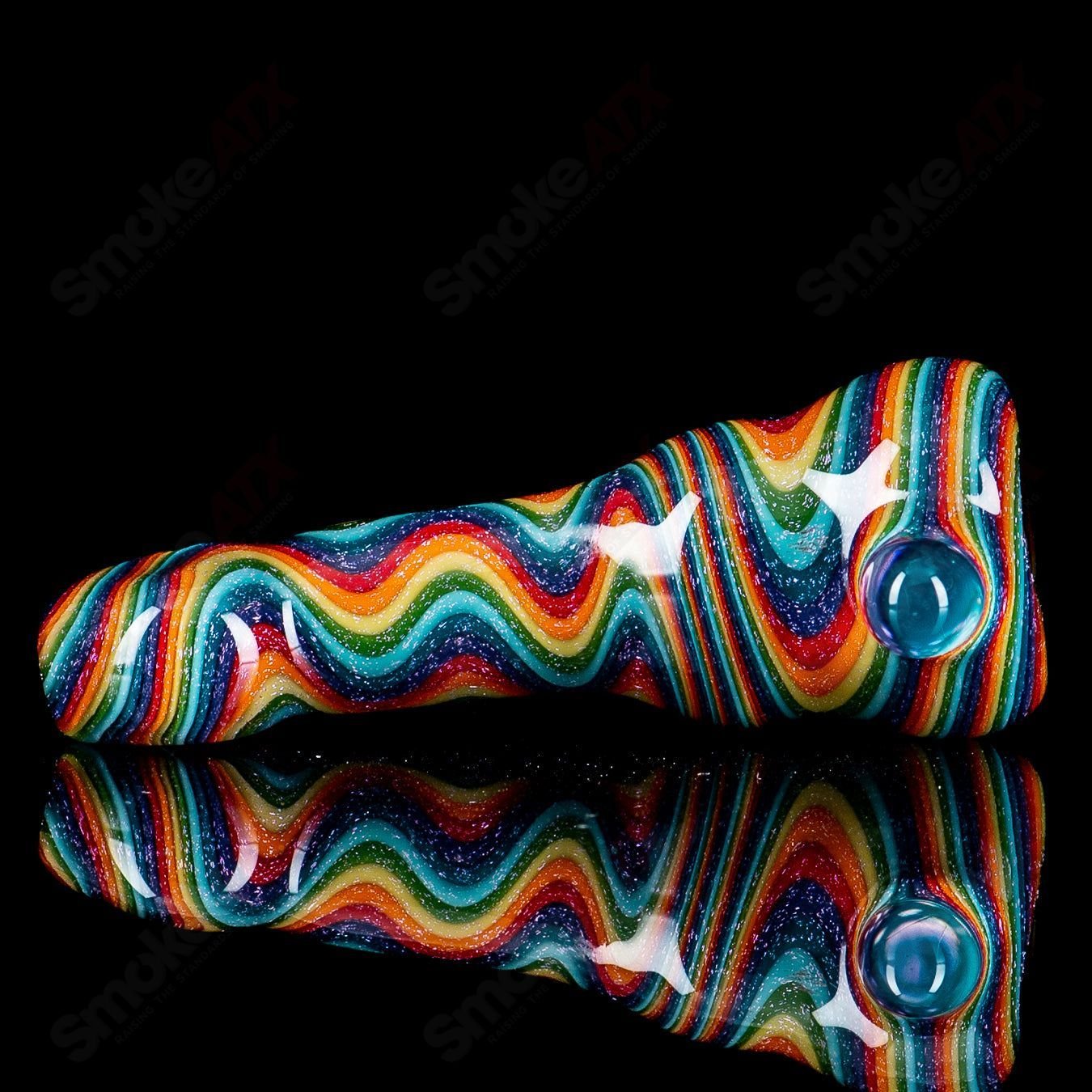 Shane Smith Rainbow Dichro Line Work Chillum with push bowl, colorful glass smoking pipe with intricate rainbow design.