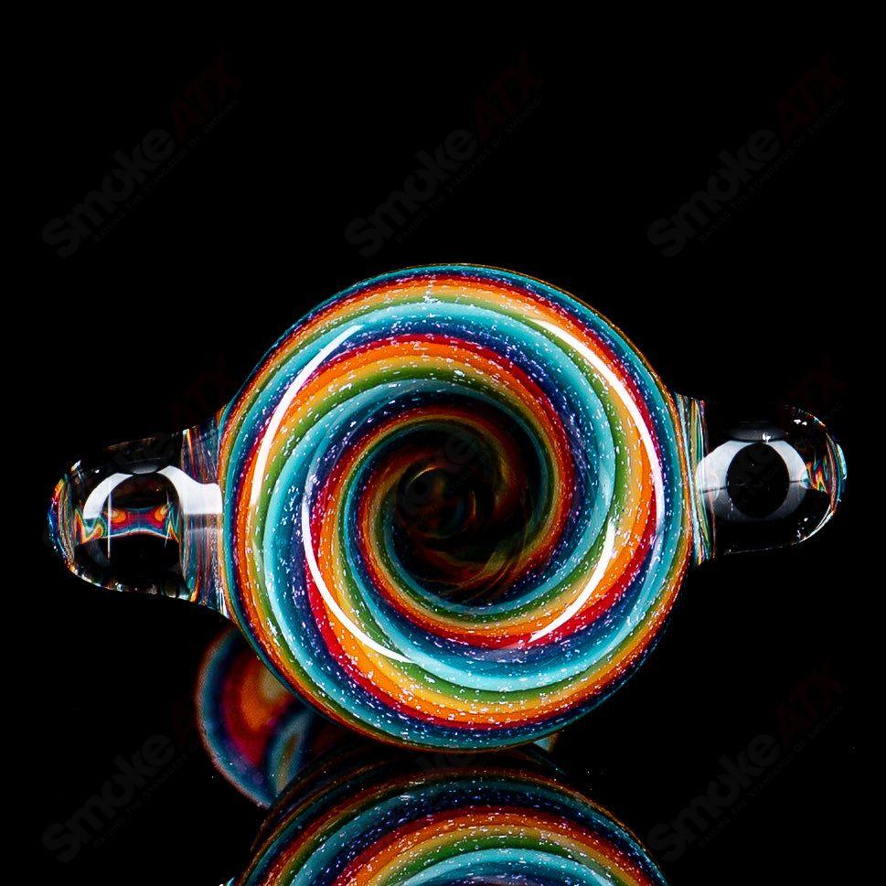 Glass Shane Smith Rainbow Dichro Line Work Chillum with push bowl, featuring colorful rainbow patterns and detailed line design.